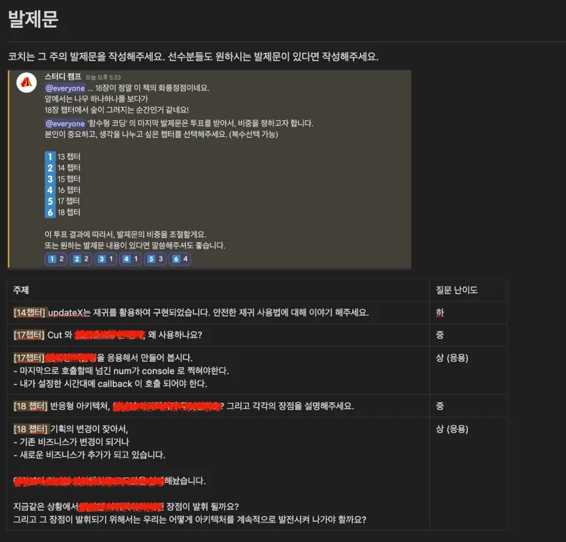 코치가 미리 준비한 최종미팅 발제문 예시